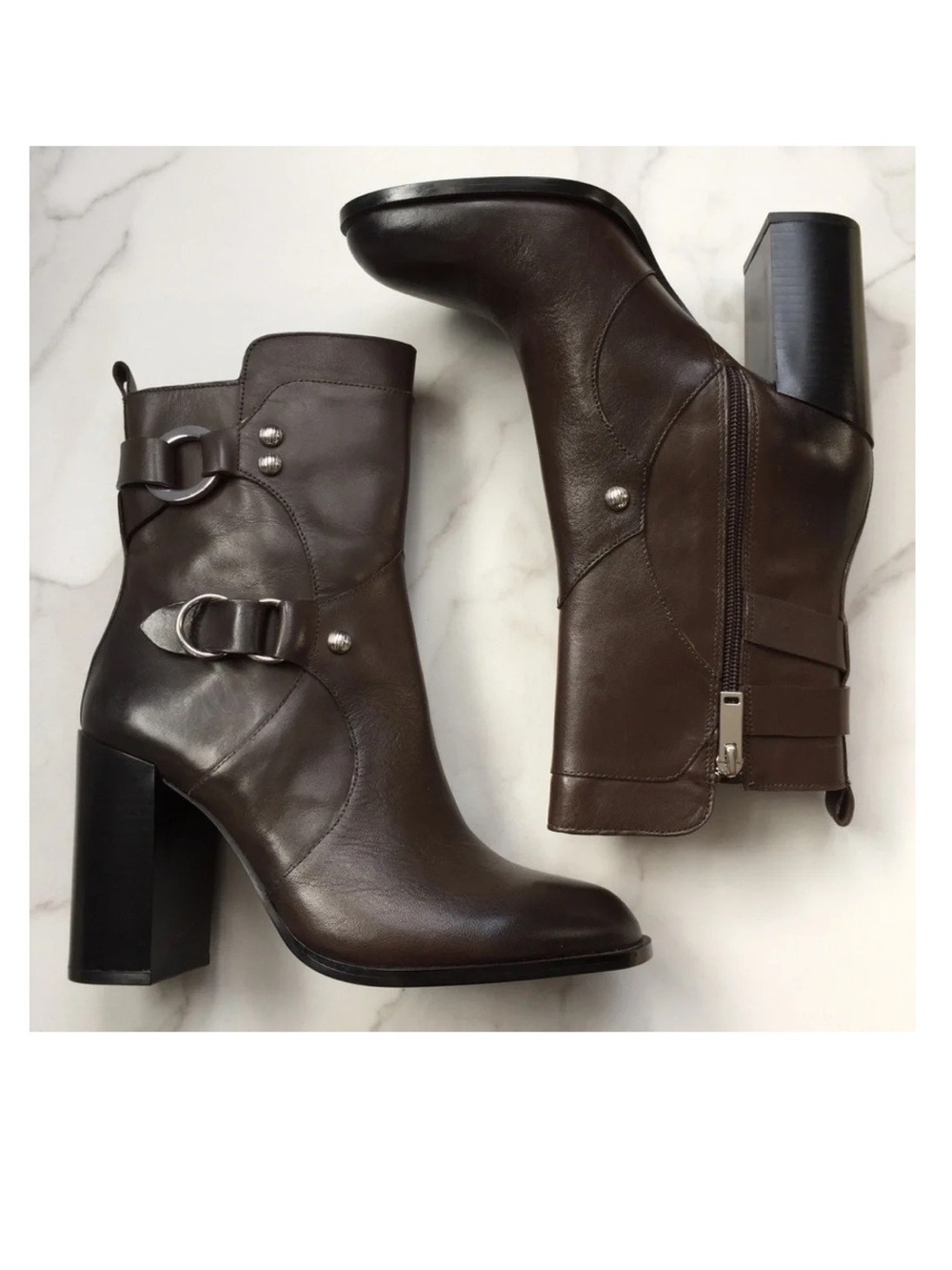 ZARA Brown Leather Ankle Boots Block Heel Buckle Detail EU 38 US 7.5